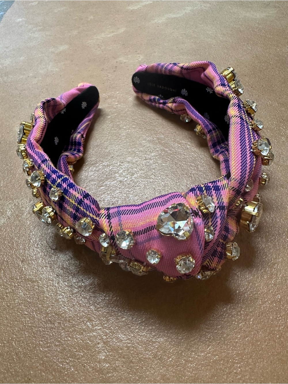 NWT Lele Sadoughi Pink Plaid Heart Mixed Crystal Knotted Headband